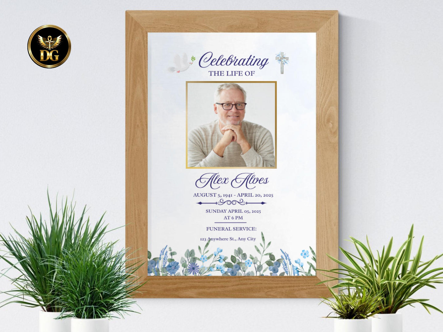 Watercolor Floral Funeral Invitation Template: Christian Memorial Card (Editable Canva, Instant Download)