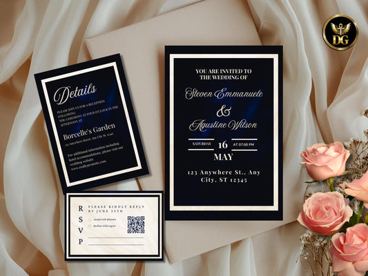 Luxury Navy Blue Velvet Wedding Invitation | Editable Gold Marble Elegant Card | Royal Classic Wedding Invite Template | Instant Download