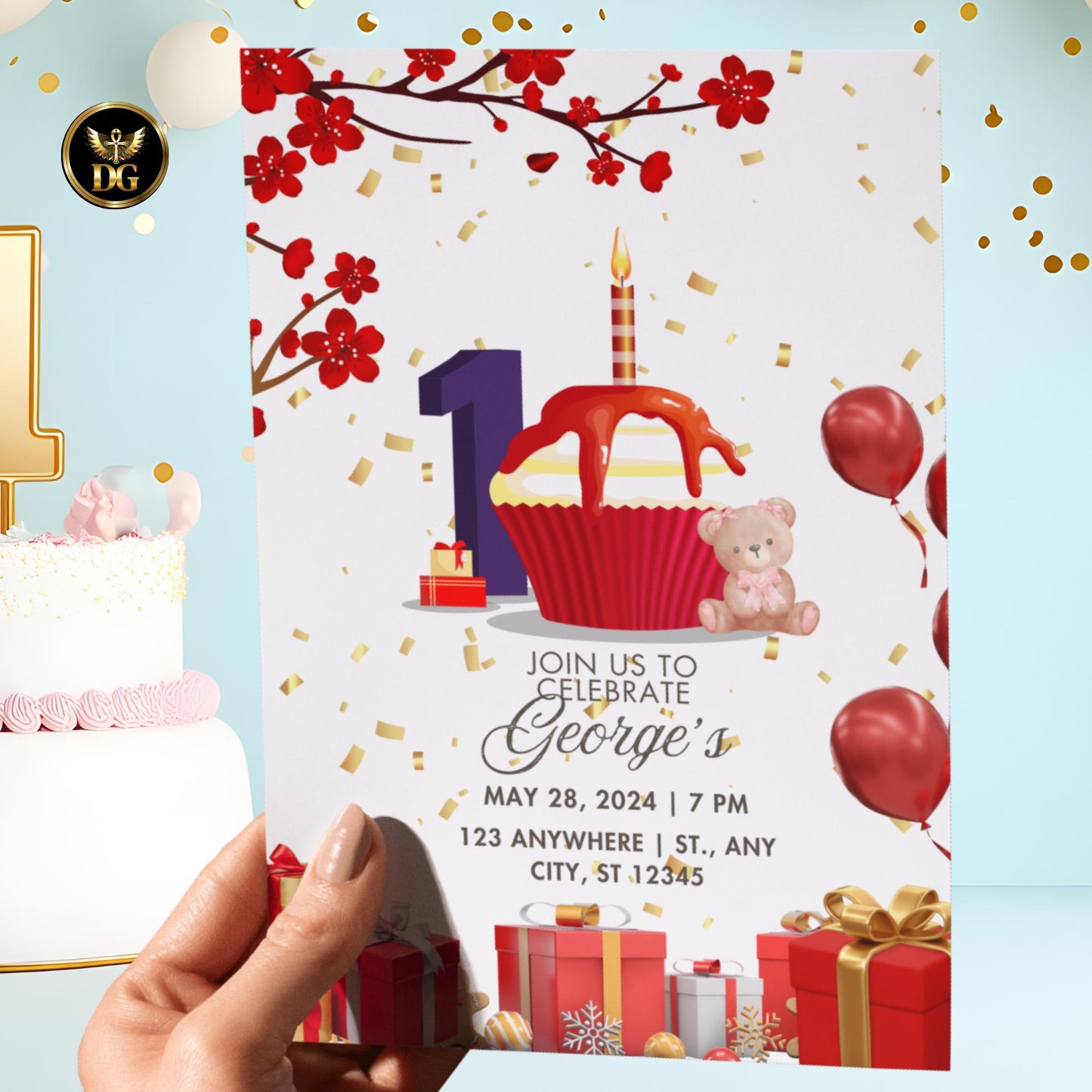 Editable Birthday Invitation Template Red and Gold Cupcake Design Canva Editable Kids Party Card First Birthday Printable Invite