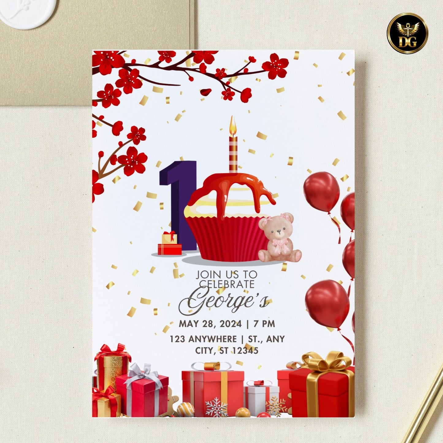 Editable Birthday Invitation Template Red and Gold Cupcake Design Canva Editable Kids Party Card First Birthday Printable Invite