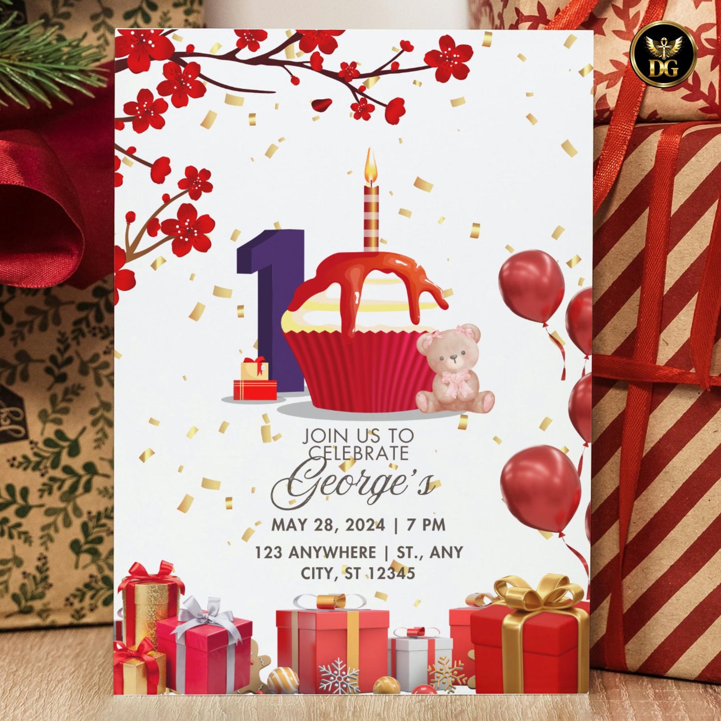 Editable Birthday Invitation Template Red and Gold Cupcake Design Canva Editable Kids Party Card First Birthday Printable Invite