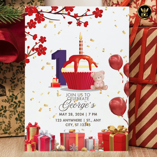 Editable Birthday Invitation Template Red and Gold Cupcake Design Canva Editable Kids Party Card First Birthday Printable Invite