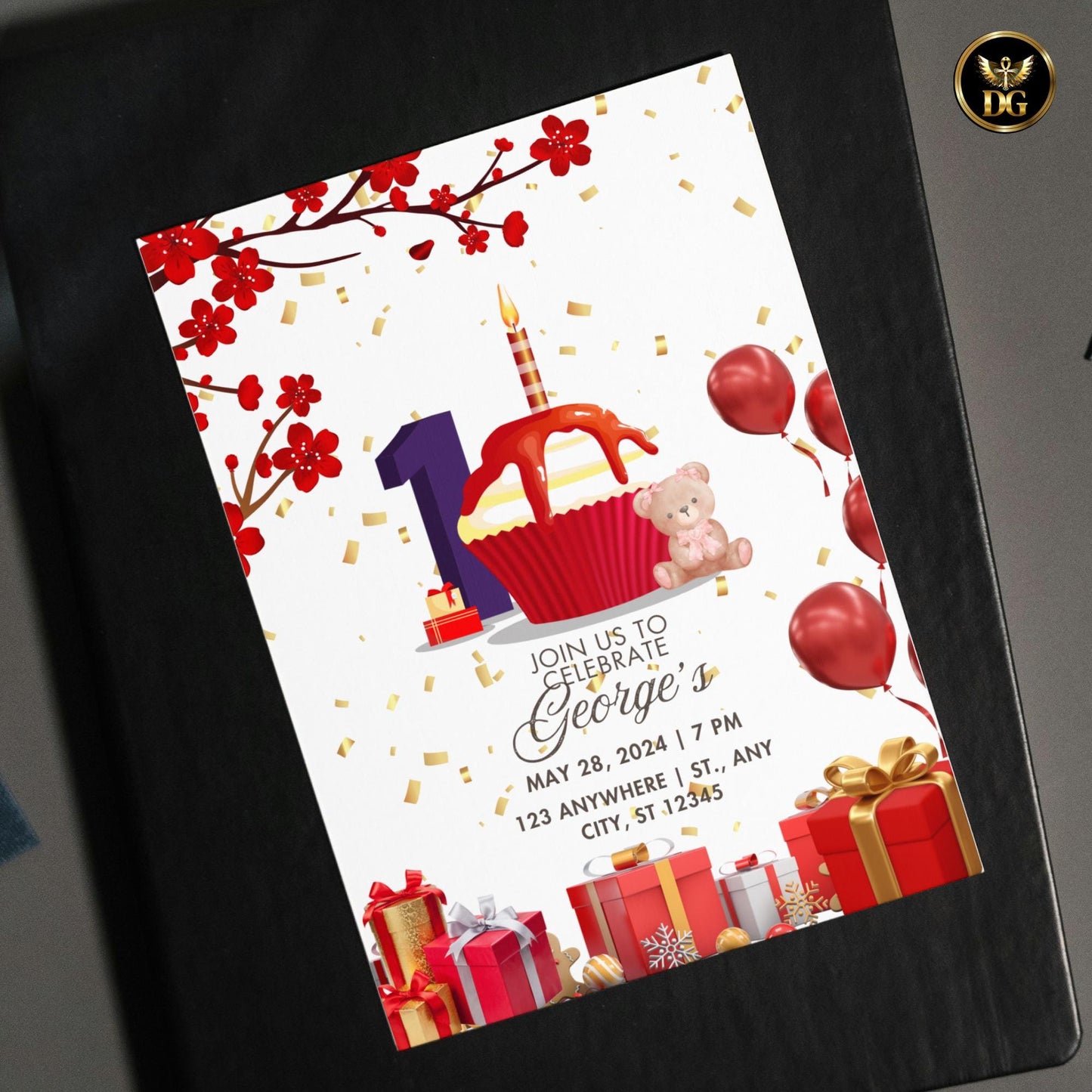 Editable Birthday Invitation Template Red and Gold Cupcake Design Canva Editable Kids Party Card First Birthday Printable Invite