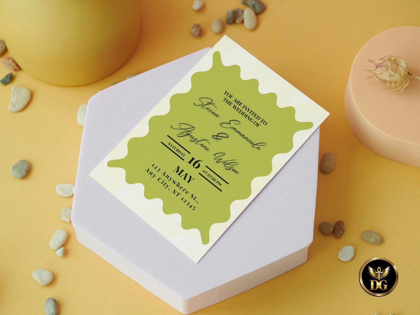 Elegant Green Wave Wedding Invitation, Editable Canva, RSVP & Details Set