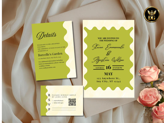 Elegant Green Wave Wedding Invitation, Editable Canva, RSVP & Details Set