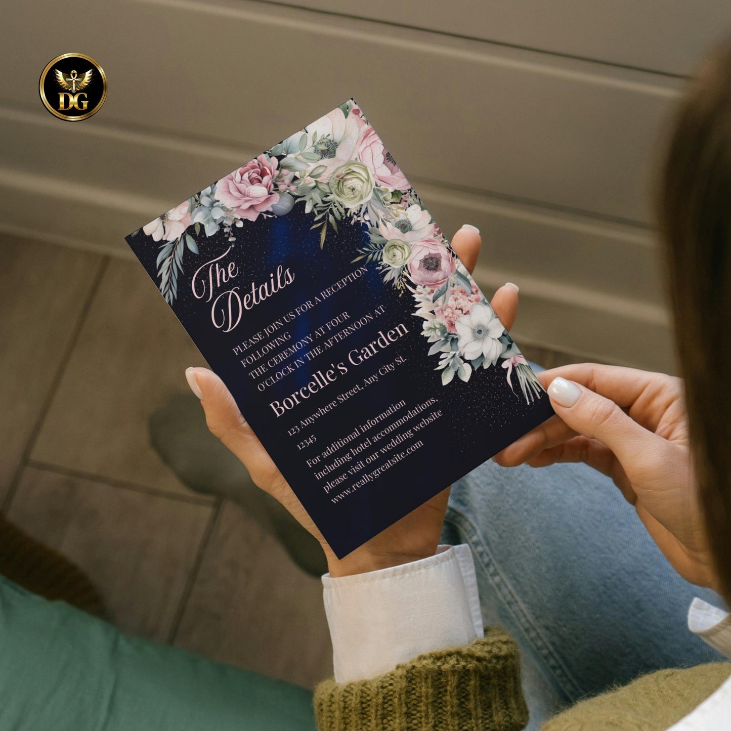 Elegant Navy Floral Wedding Invitation Suite Canva Template | Editable Wedding Set with RSVP Menu Details Thank You Card | Printable Invite