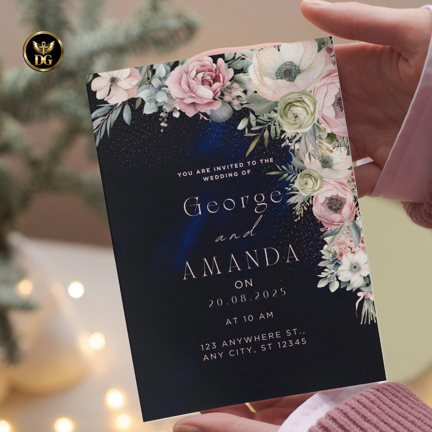 Elegant Navy Floral Wedding Invitation Suite Canva Template | Editable Wedding Set with RSVP Menu Details Thank You Card | Printable Invite