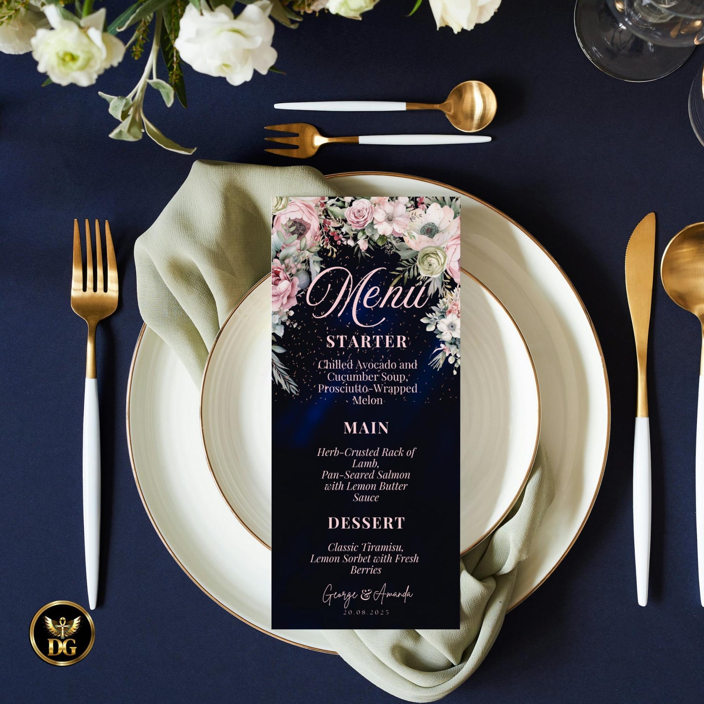 Elegant Navy Floral Wedding Invitation Suite Canva Template | Editable Wedding Set with RSVP Menu Details Thank You Card | Printable Invite