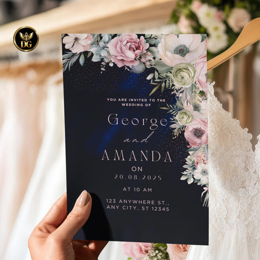 Elegant Navy Floral Wedding Invitation Suite Canva Template | Editable Wedding Set with RSVP Menu Details Thank You Card | Printable Invite