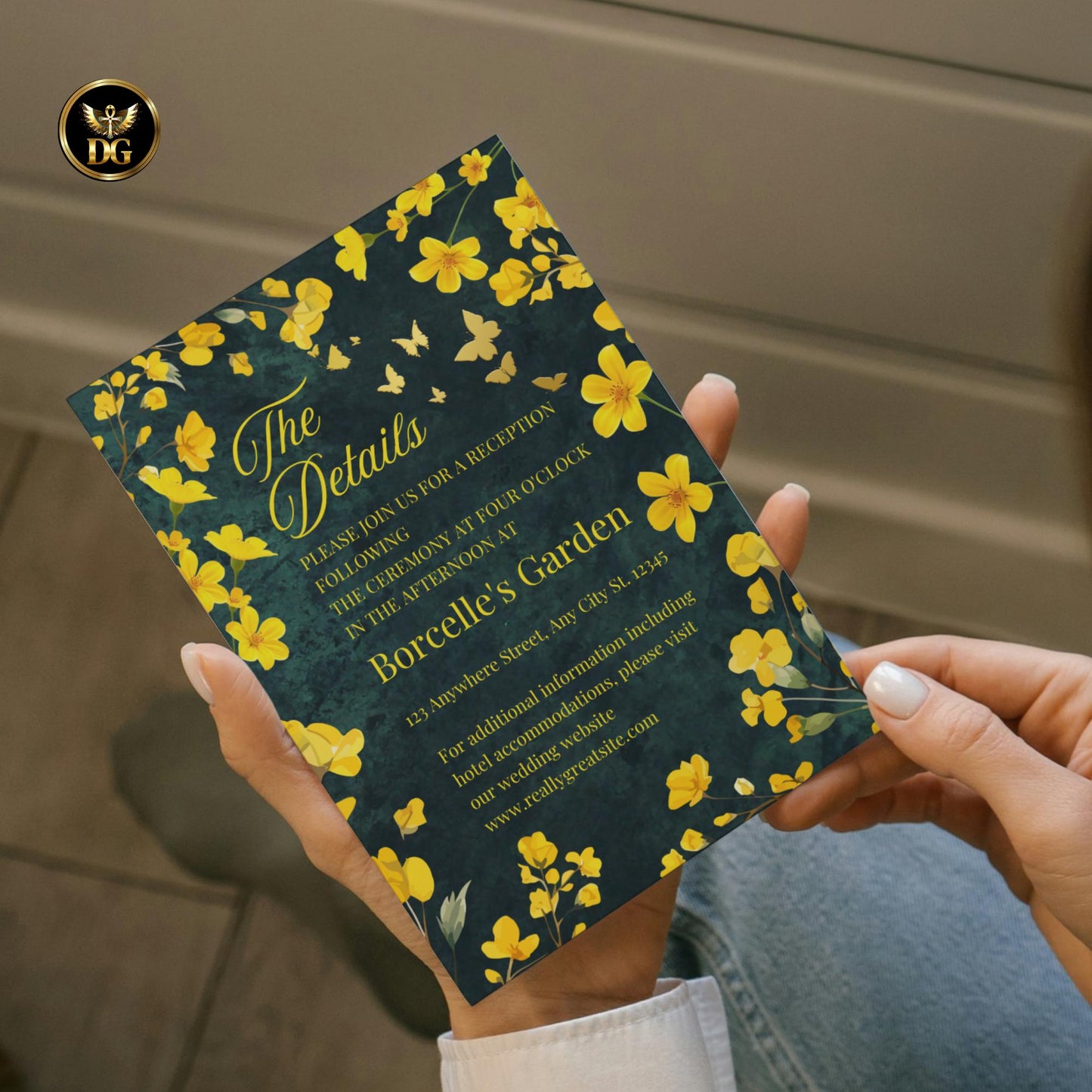 Emerald Green Velvet Wedding Invitation Suite Editable Canva Template with Gold Butterflies Yellow Florals, Elegant Emerald Printable Invite