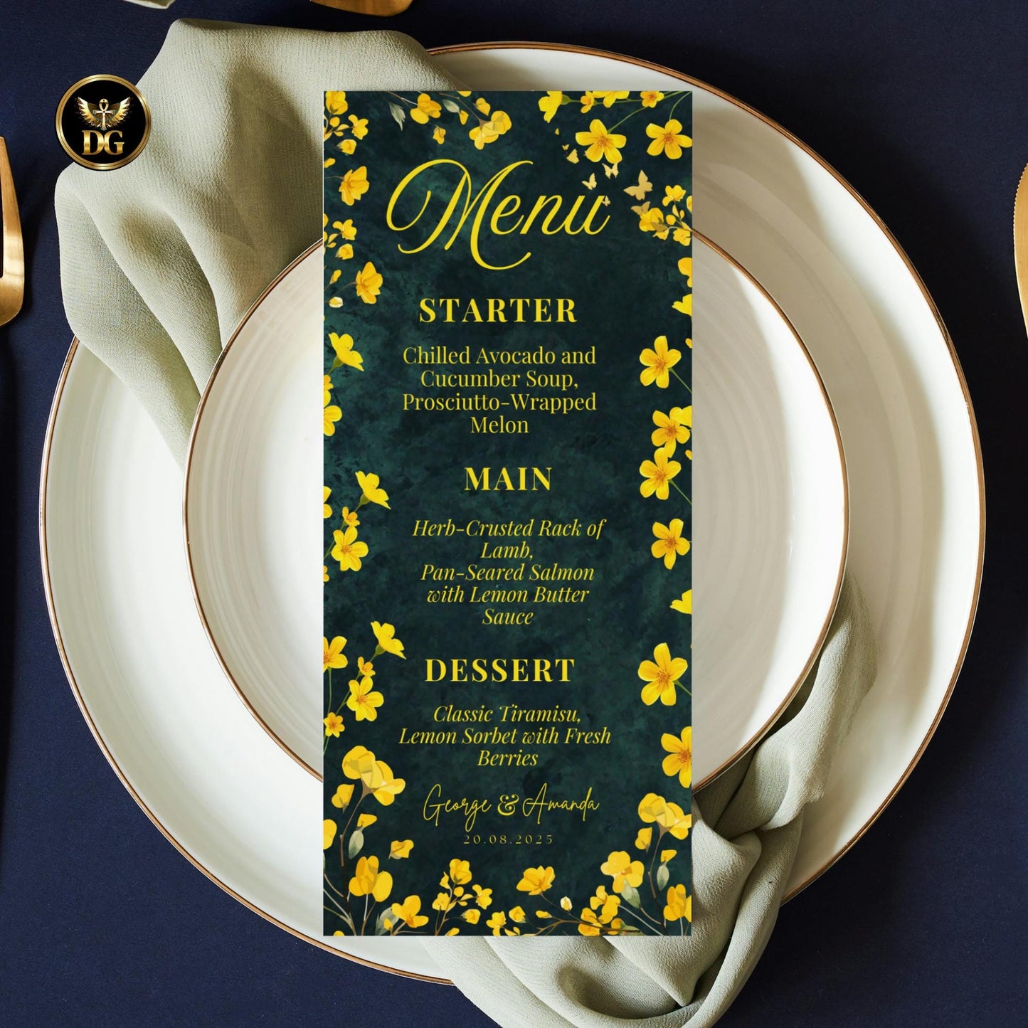 Emerald Green Velvet Wedding Invitation Suite Editable Canva Template with Gold Butterflies Yellow Florals, Elegant Emerald Printable Invite