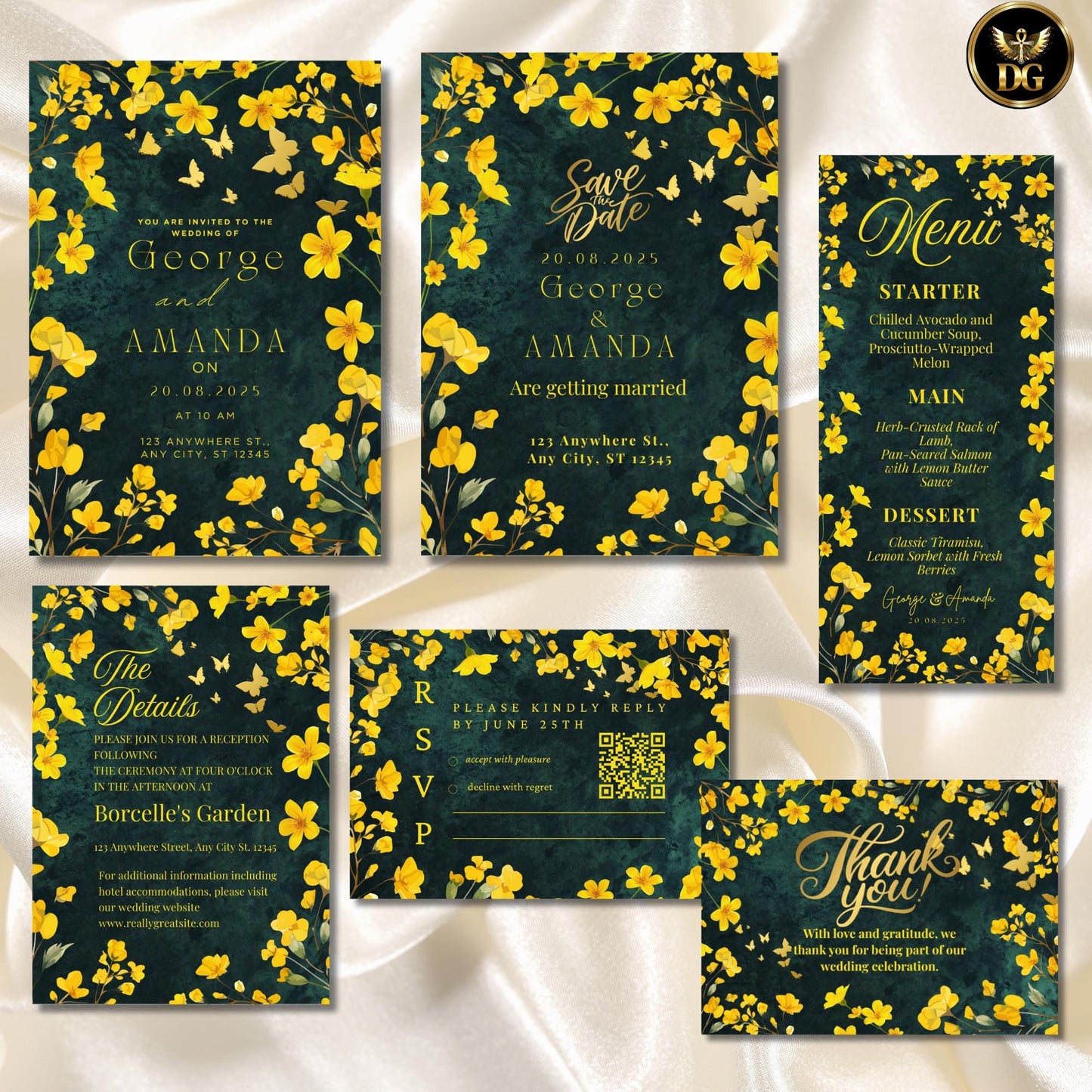 Emerald Green Velvet Wedding Invitation Suite Editable Canva Template with Gold Butterflies Yellow Florals, Elegant Emerald Printable Invite