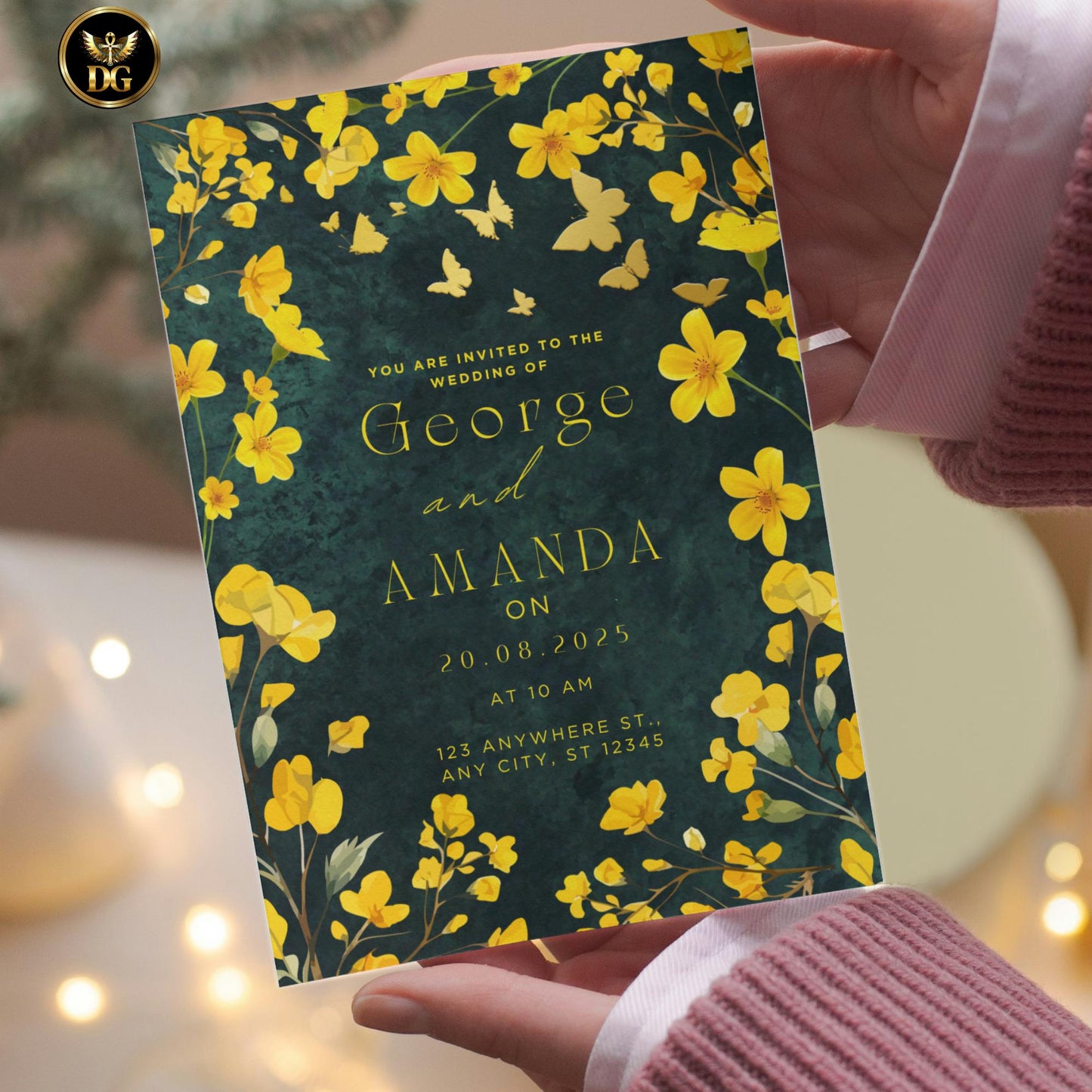 Emerald Green Velvet Wedding Invitation Suite Editable Canva Template with Gold Butterflies Yellow Florals, Elegant Emerald Printable Invite