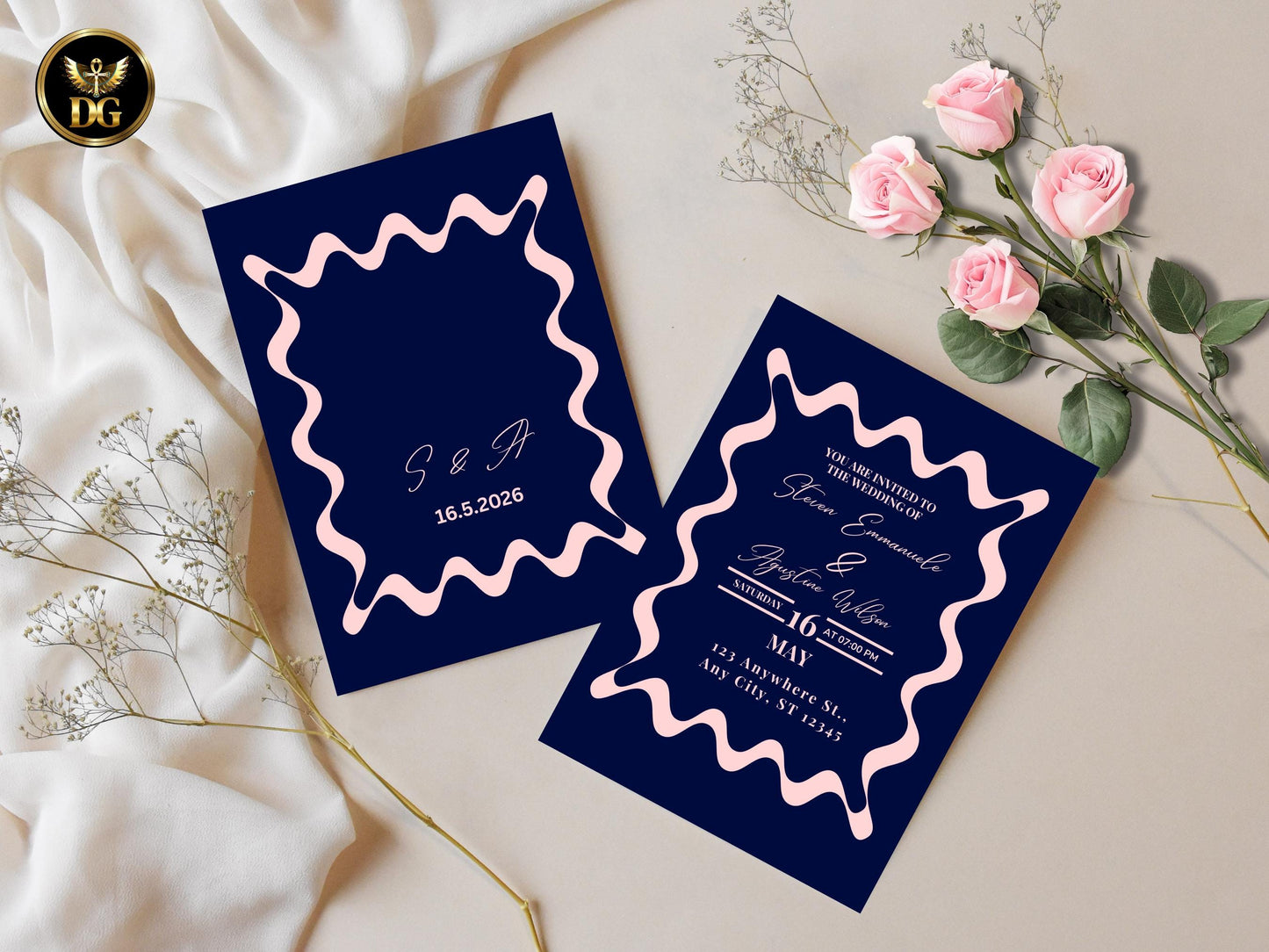 Navy Blue Wedding Invitation Set, Elegant Wavy Frame Wedding Invite, Pink Trend Wedding Template, RSVP & Details Card, Front and Back Design