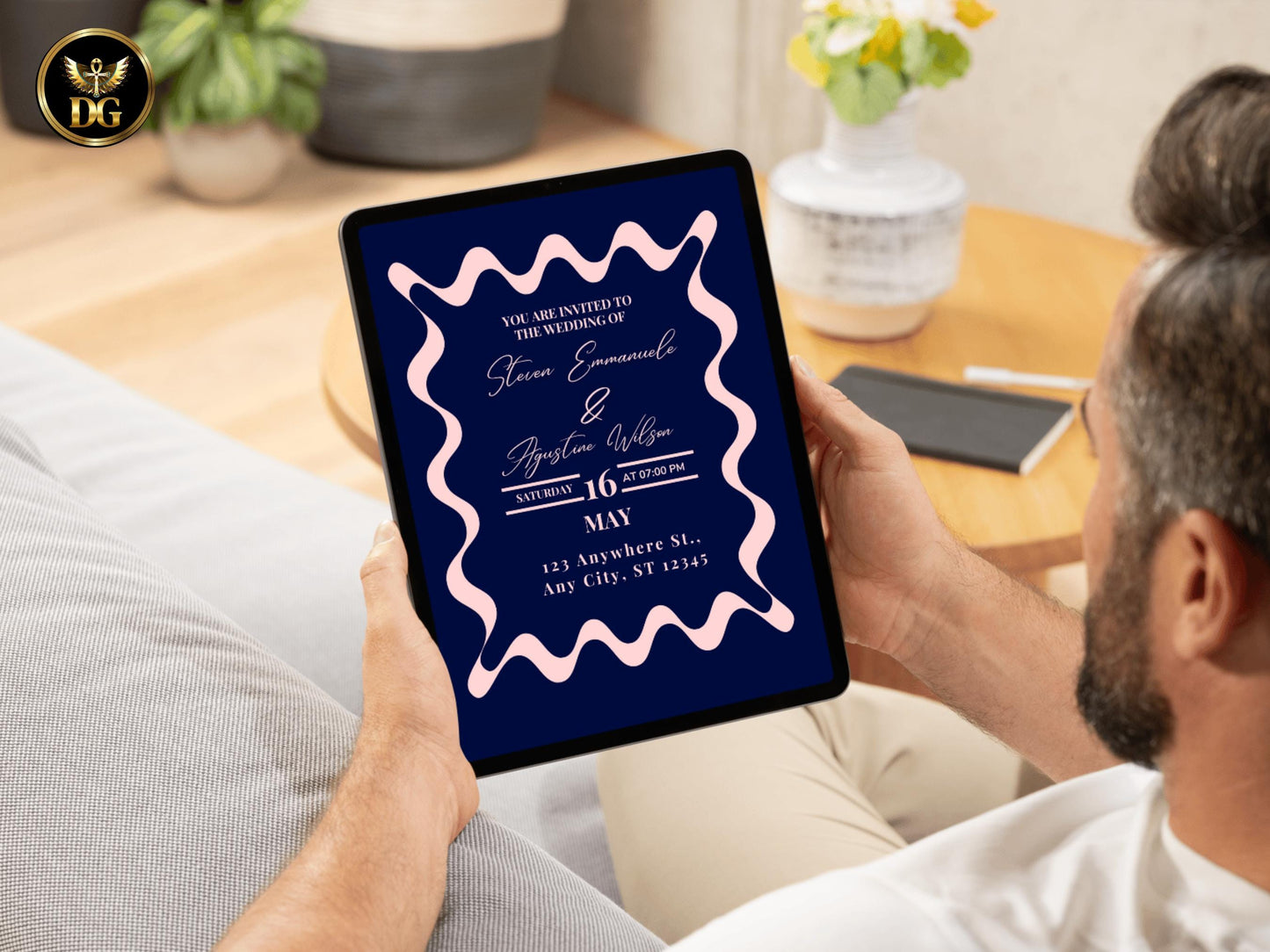 Navy Blue Wedding Invitation Set, Elegant Wavy Frame Wedding Invite, Pink Trend Wedding Template, RSVP & Details Card, Front and Back Design