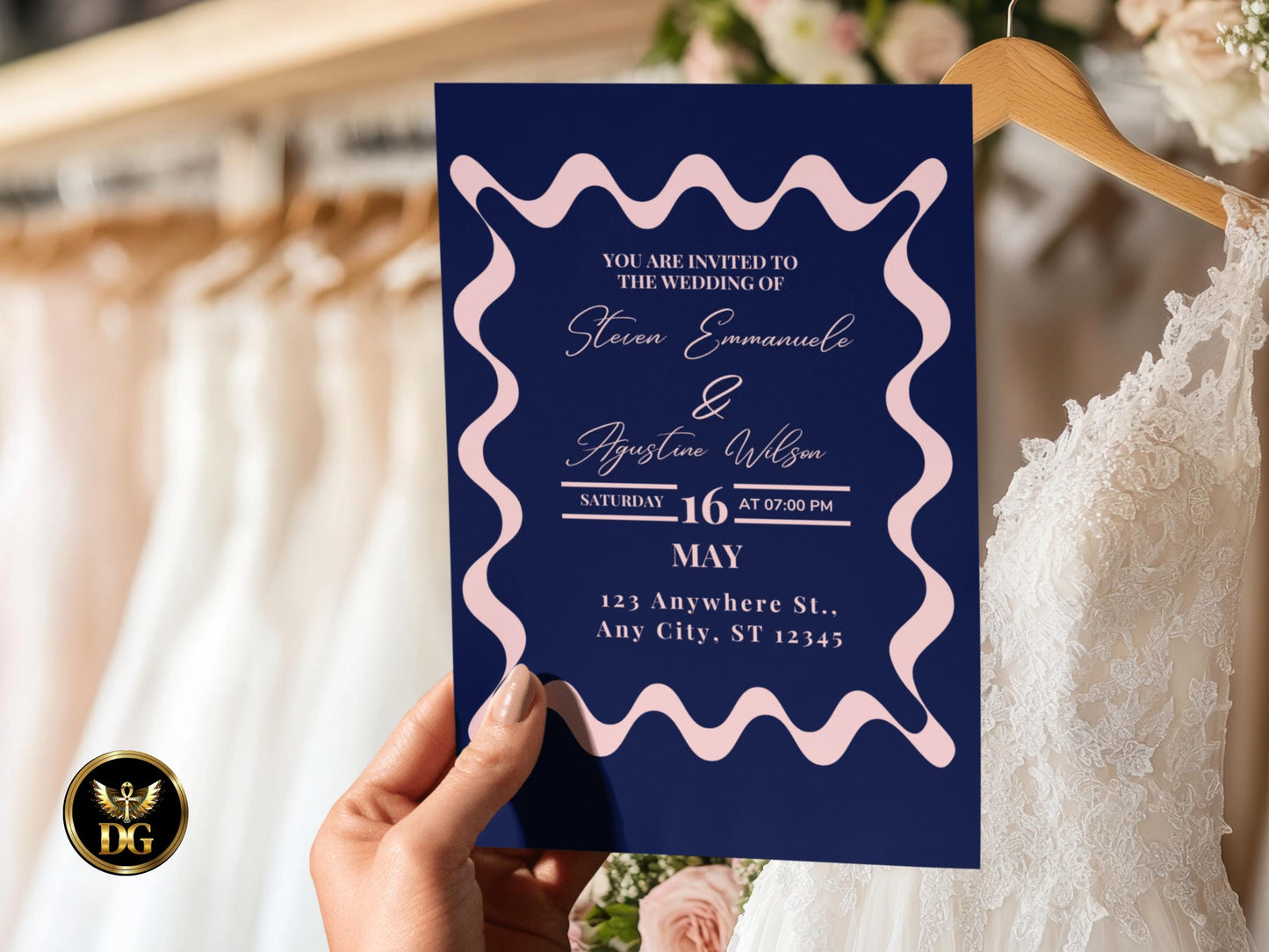 Navy Blue Wedding Invitation Set, Elegant Wavy Frame Wedding Invite, Pink Trend Wedding Template, RSVP & Details Card, Front and Back Design