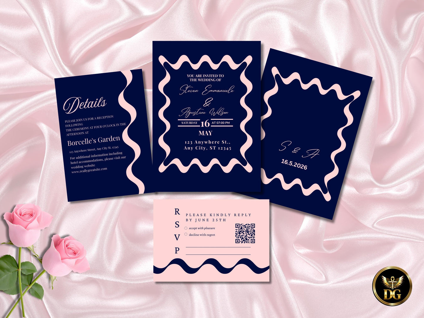 Navy Blue Wedding Invitation Set, Elegant Wavy Frame Wedding Invite, Pink Trend Wedding Template, RSVP & Details Card, Front and Back Design