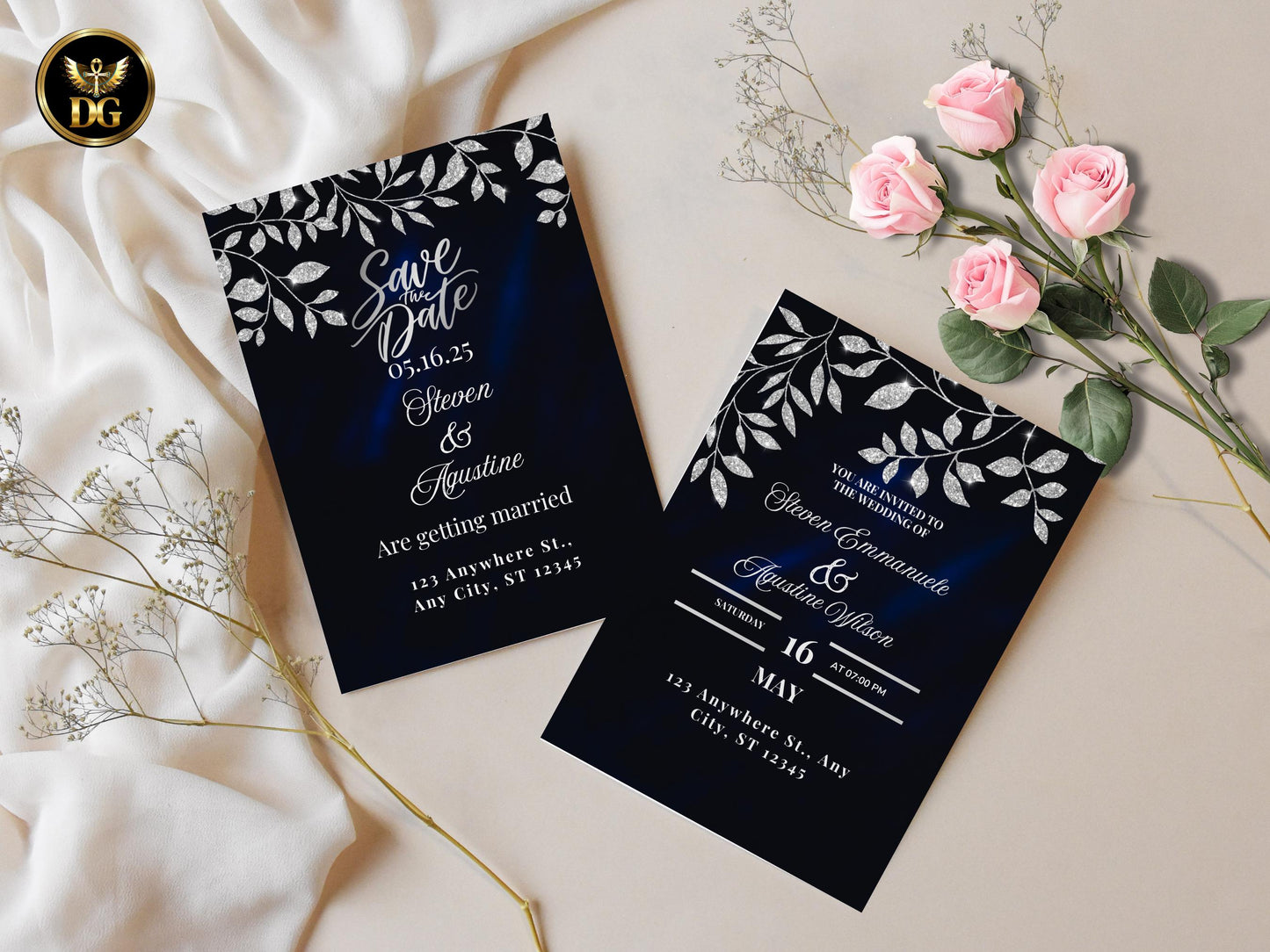 Navy Silver Wedding Invitation Suite Elegant Template Editable Formal Winter Wedding Invite Bundle Printable Template