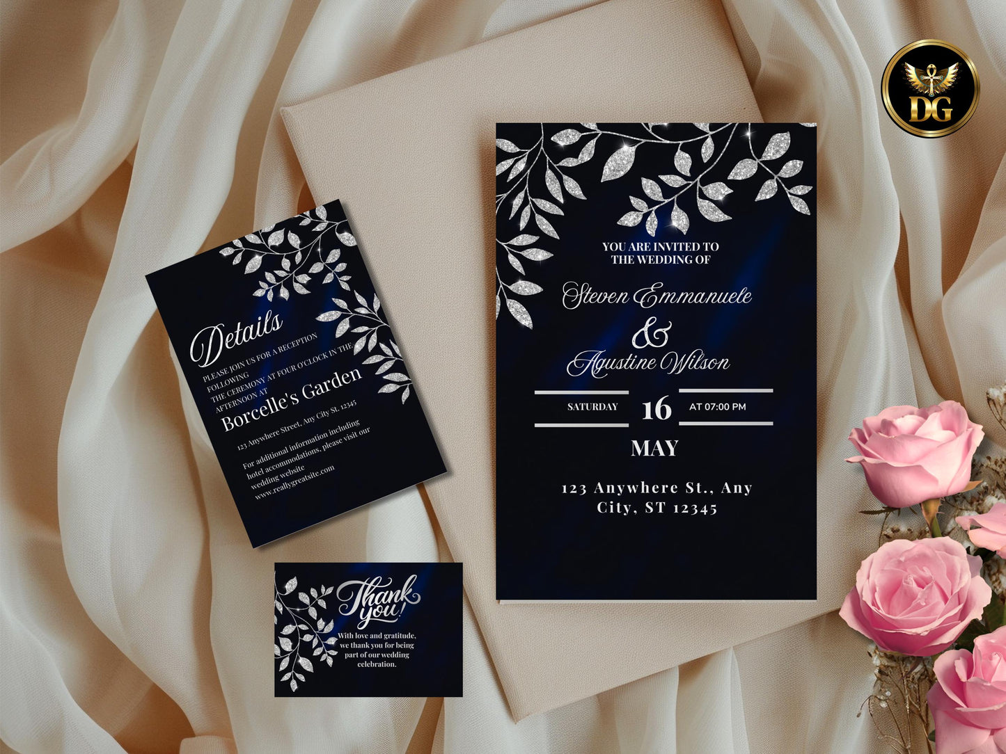 Navy Silver Wedding Invitation Suite Elegant Template Editable Formal Winter Wedding Invite Bundle Printable Template