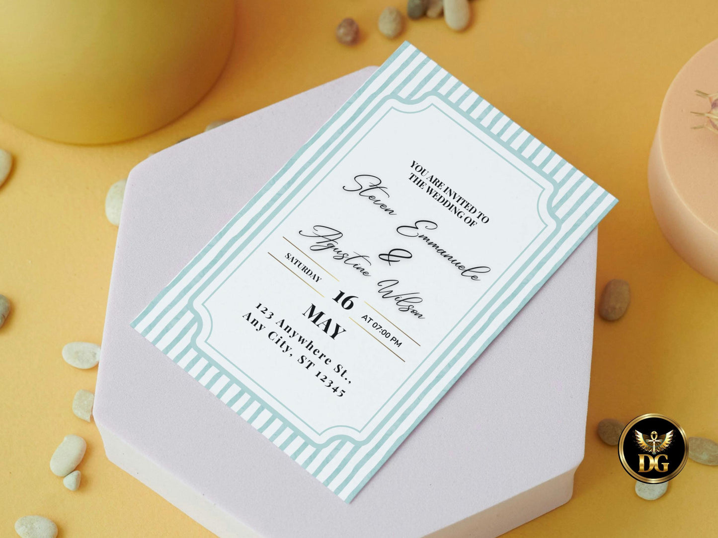 Striped Green Wedding Invitation | Light Green Elegant Wedding Suite | Editable Invitation, Details & RSVP