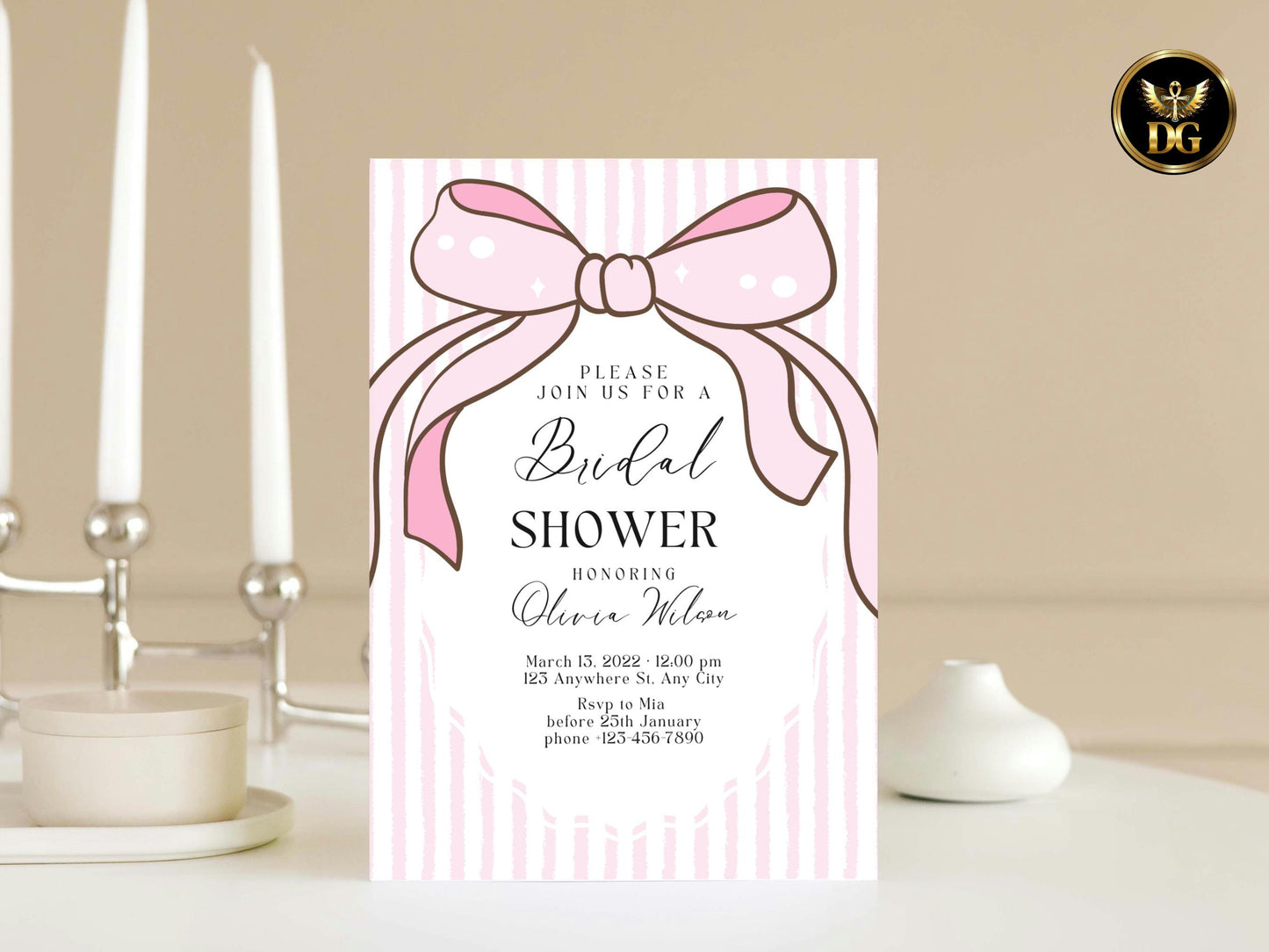 Pink Bow Bridal Shower Invitation Set | Elegant White  Pink Striped Bridal Shower Card | RSVP & Details Card | Printable Template