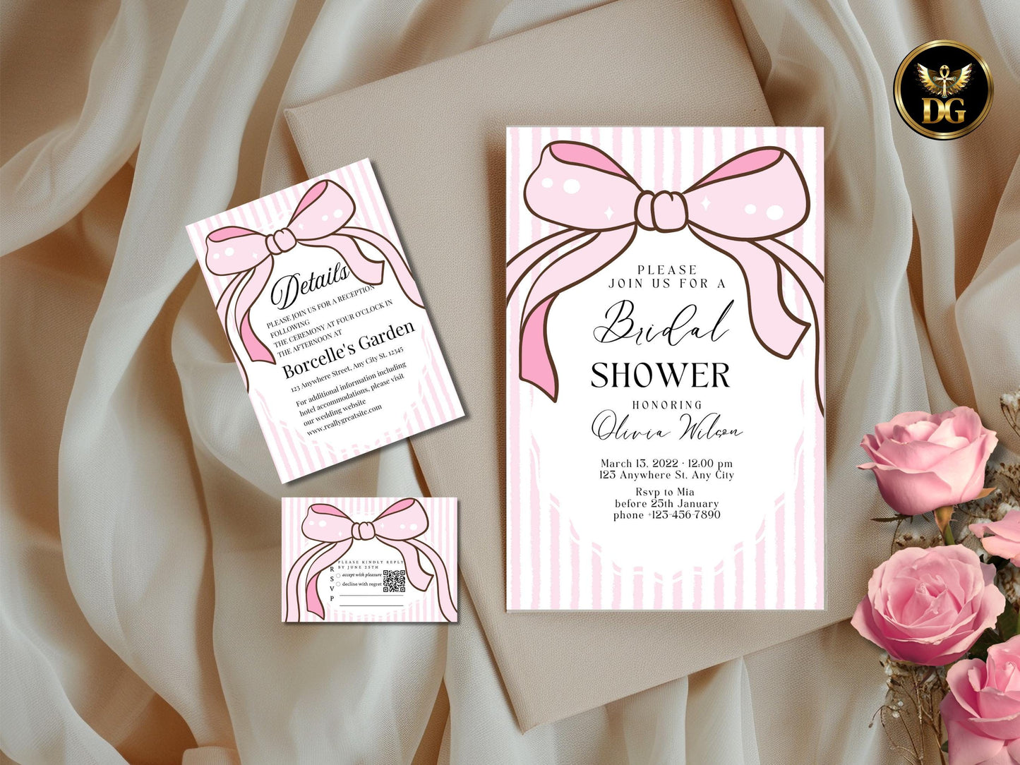 Pink Bow Bridal Shower Invitation Set | Elegant White  Pink Striped Bridal Shower Card | RSVP & Details Card | Printable Template