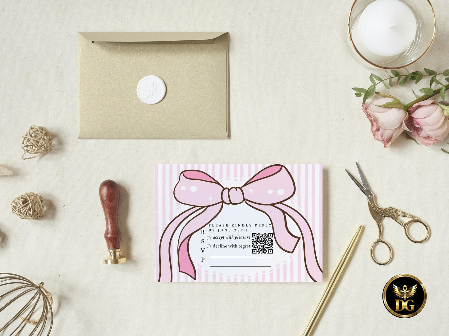 Pink Bow Bridal Shower Invitation Set | Elegant White  Pink Striped Bridal Shower Card | RSVP & Details Card | Printable Template