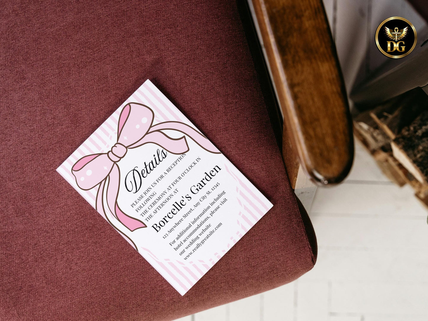 Pink Bow Bridal Shower Invitation Set | Elegant White  Pink Striped Bridal Shower Card | RSVP & Details Card | Printable Template