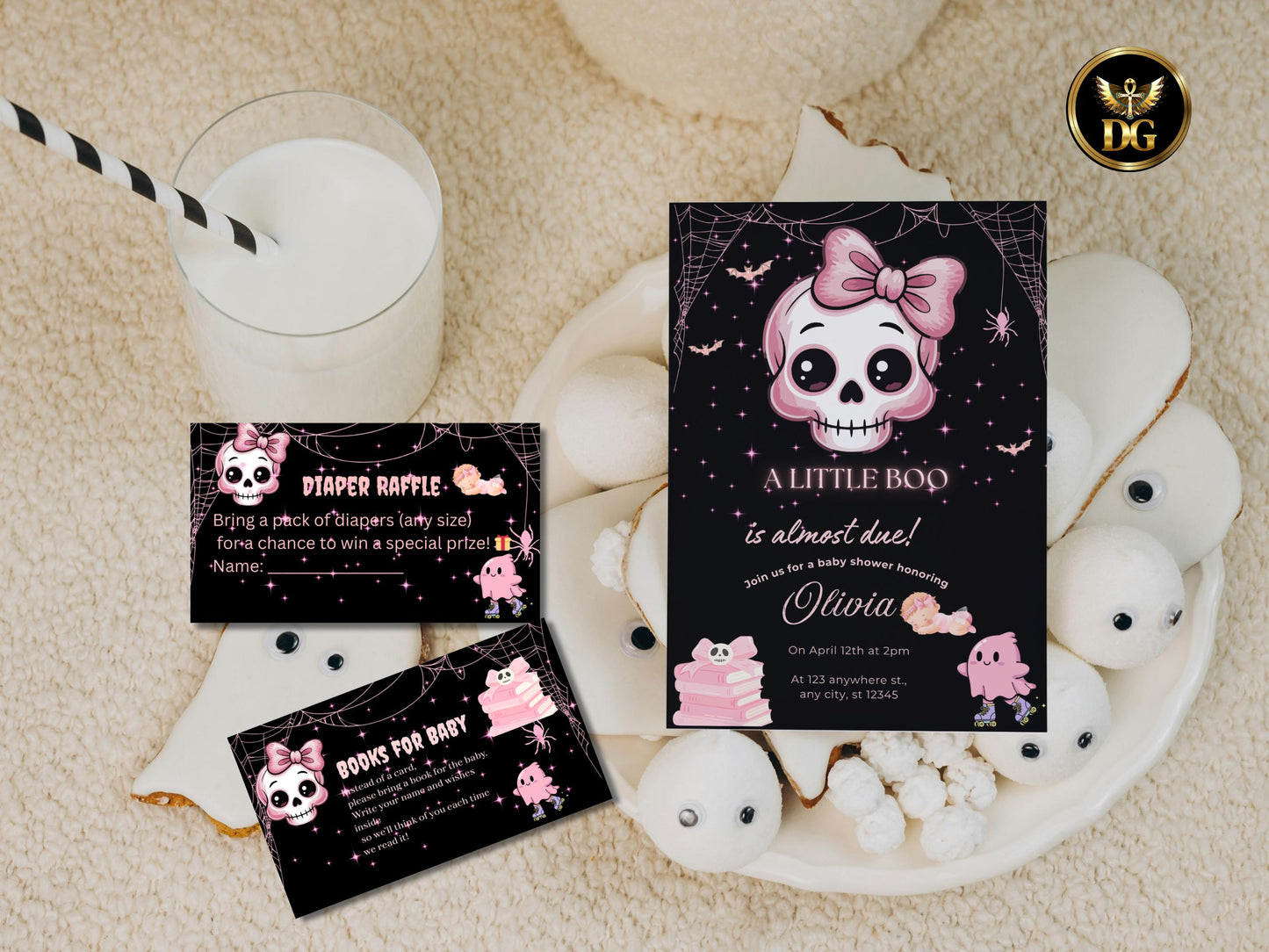 Halloween Baby Shower Invitation Set - Little Boo Pink Skull Girl Theme Printable, Diaper Raffle & Books for Baby Cards, Instant Download