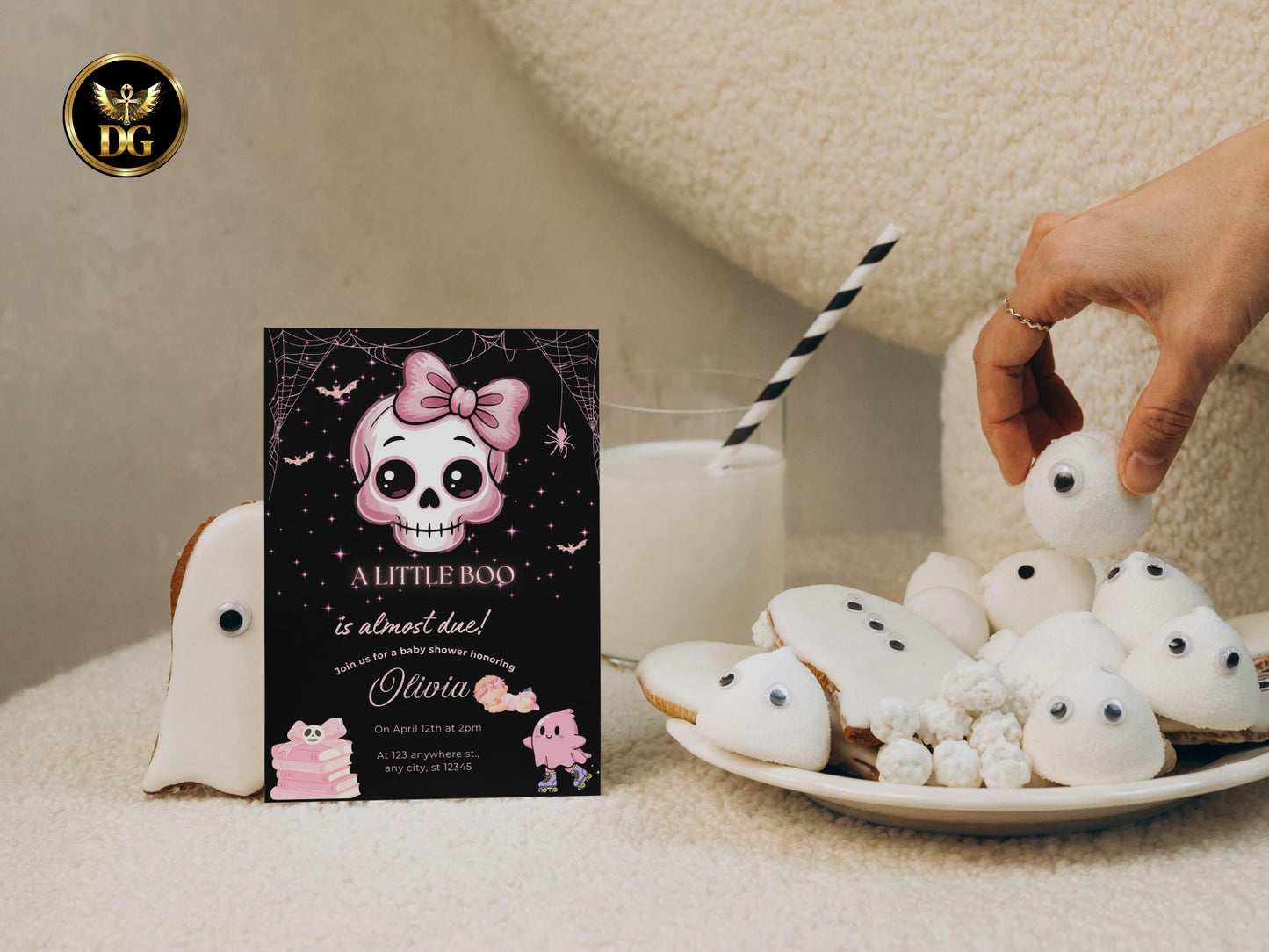 Halloween Baby Shower Invitation Set - Little Boo Pink Skull Girl Theme Printable, Diaper Raffle & Books for Baby Cards, Instant Download