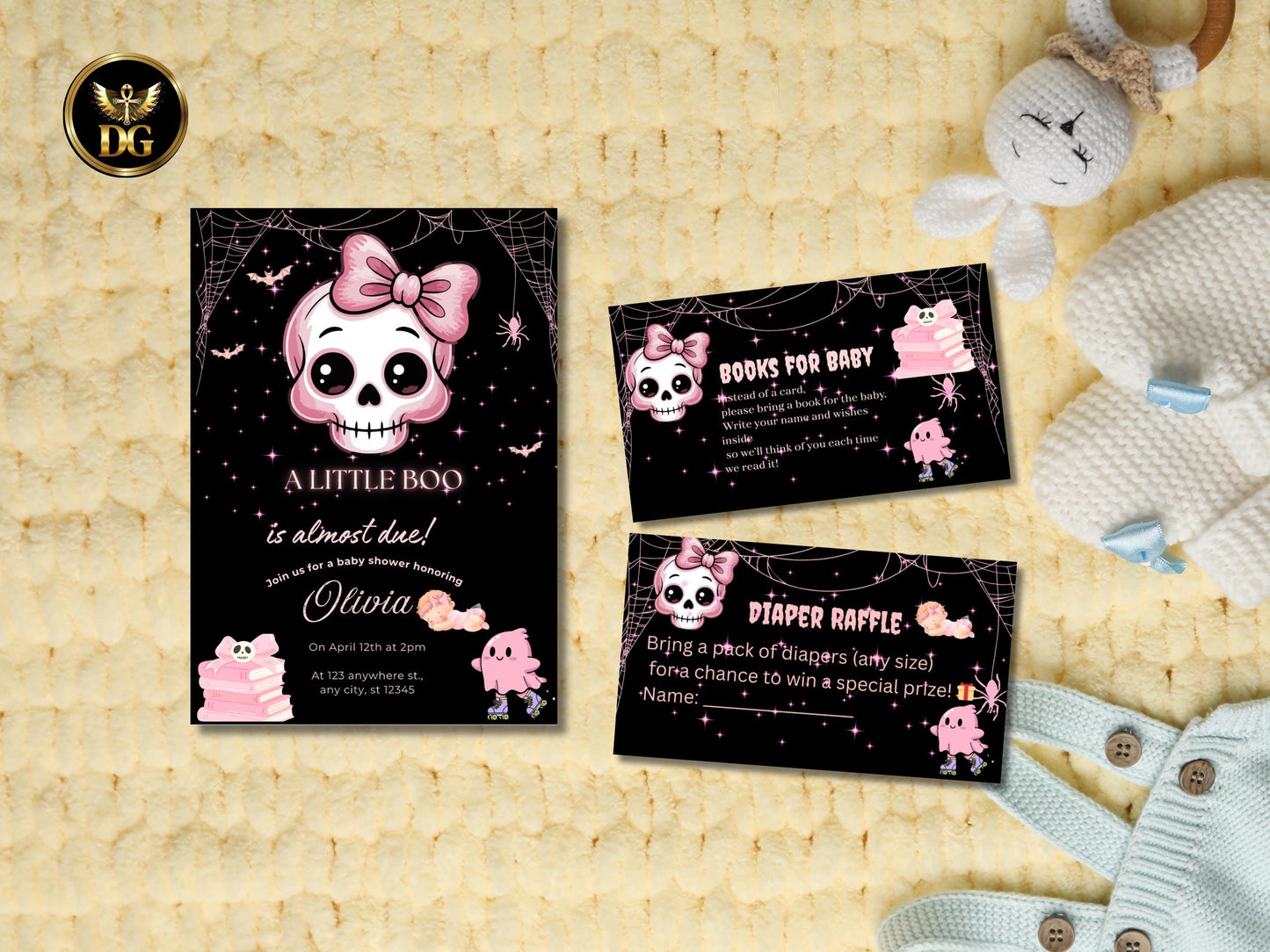 Halloween Baby Shower Invitation Set - Little Boo Pink Skull Girl Theme Printable, Diaper Raffle & Books for Baby Cards, Instant Download