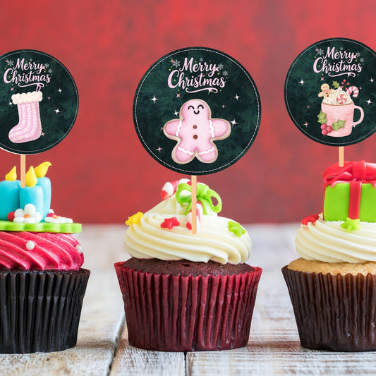 Emerald Velvet Christmas Cupcake Toppers | Pink, Gold Holiday Decor | Editable PDF & PNG | Elegant Printable Party Tags | Instant Download