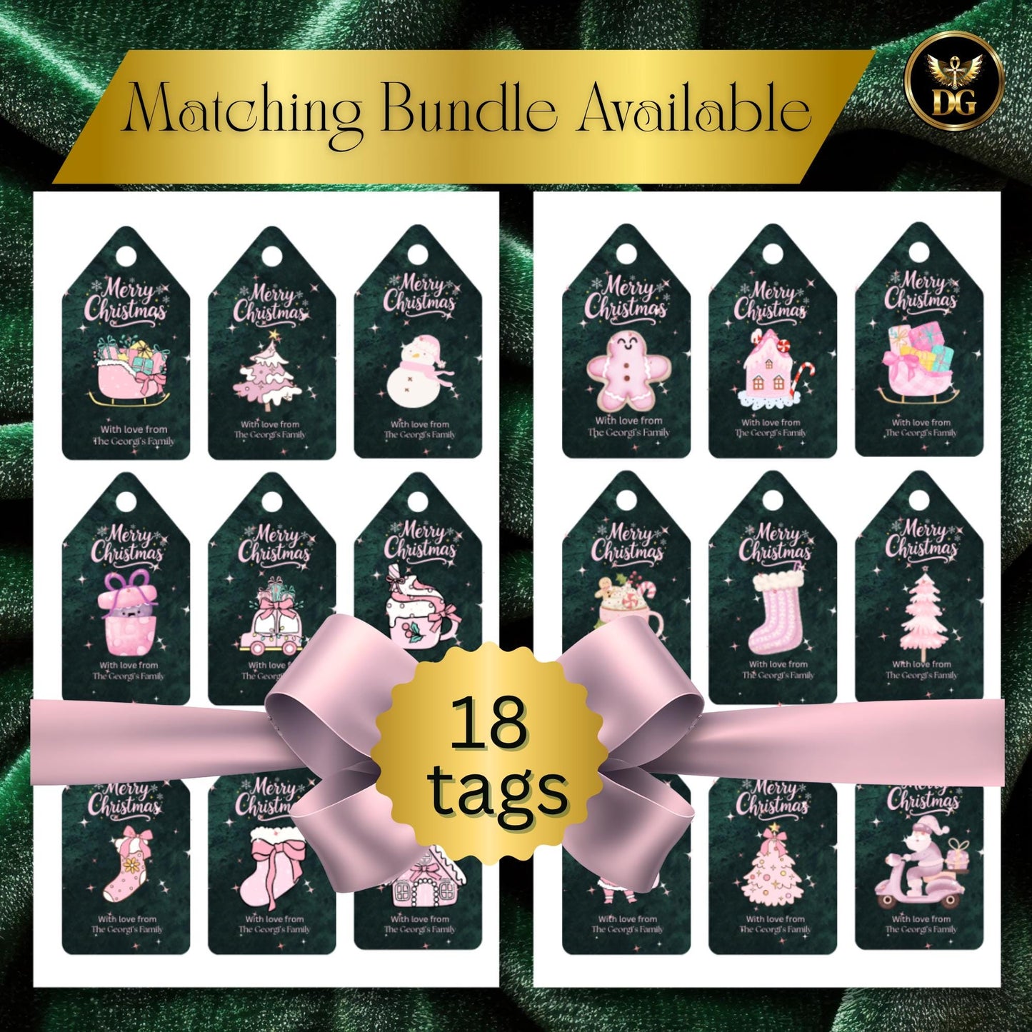 Emerald Green Velvet Christmas Invitation Set | Pink Gold Elegant Canva Template | Matching Tags & Cupcake Toppers