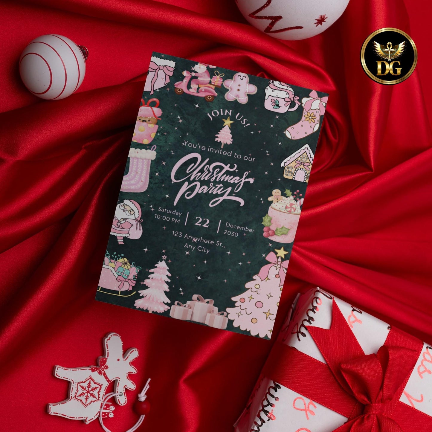 Emerald Green Velvet Christmas Invitation Set | Pink Gold Elegant Canva Template | Matching Tags & Cupcake Toppers