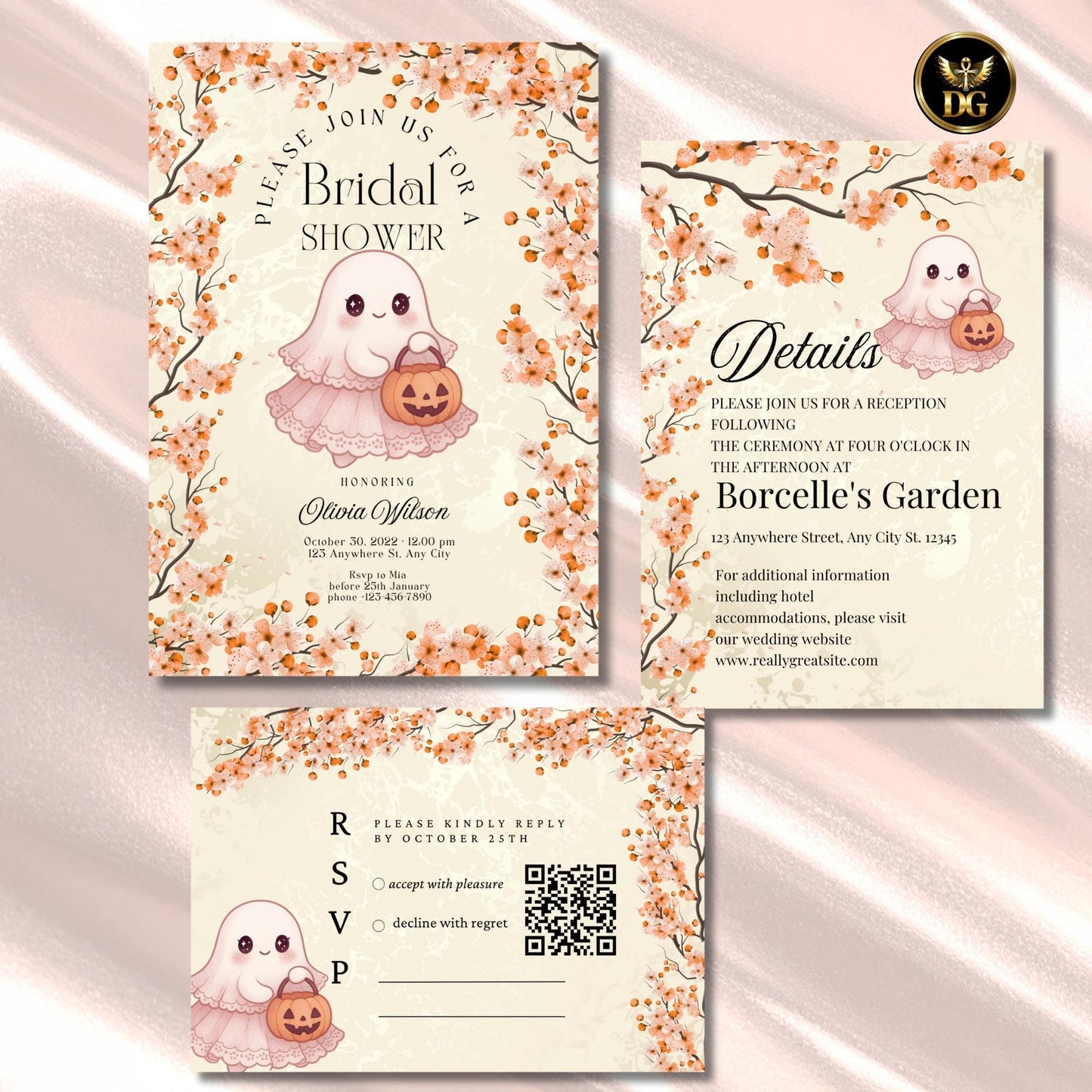 Elegant Fall Bridal Shower Invitation Set | Beige Lace Bride With Pumpkin | Cream Gold Watercolor | Editable Canva Template