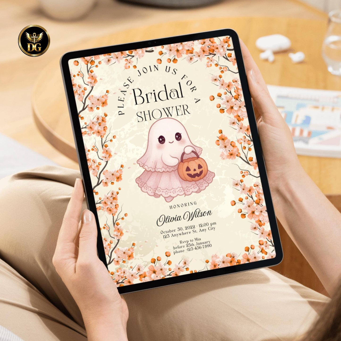 Elegant Fall Bridal Shower Invitation Set | Beige Lace Bride With Pumpkin | Cream Gold Watercolor | Editable Canva Template