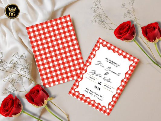 Rustic Red Checkered Wedding Suite, Wavy Frame, RSVP, Details Card