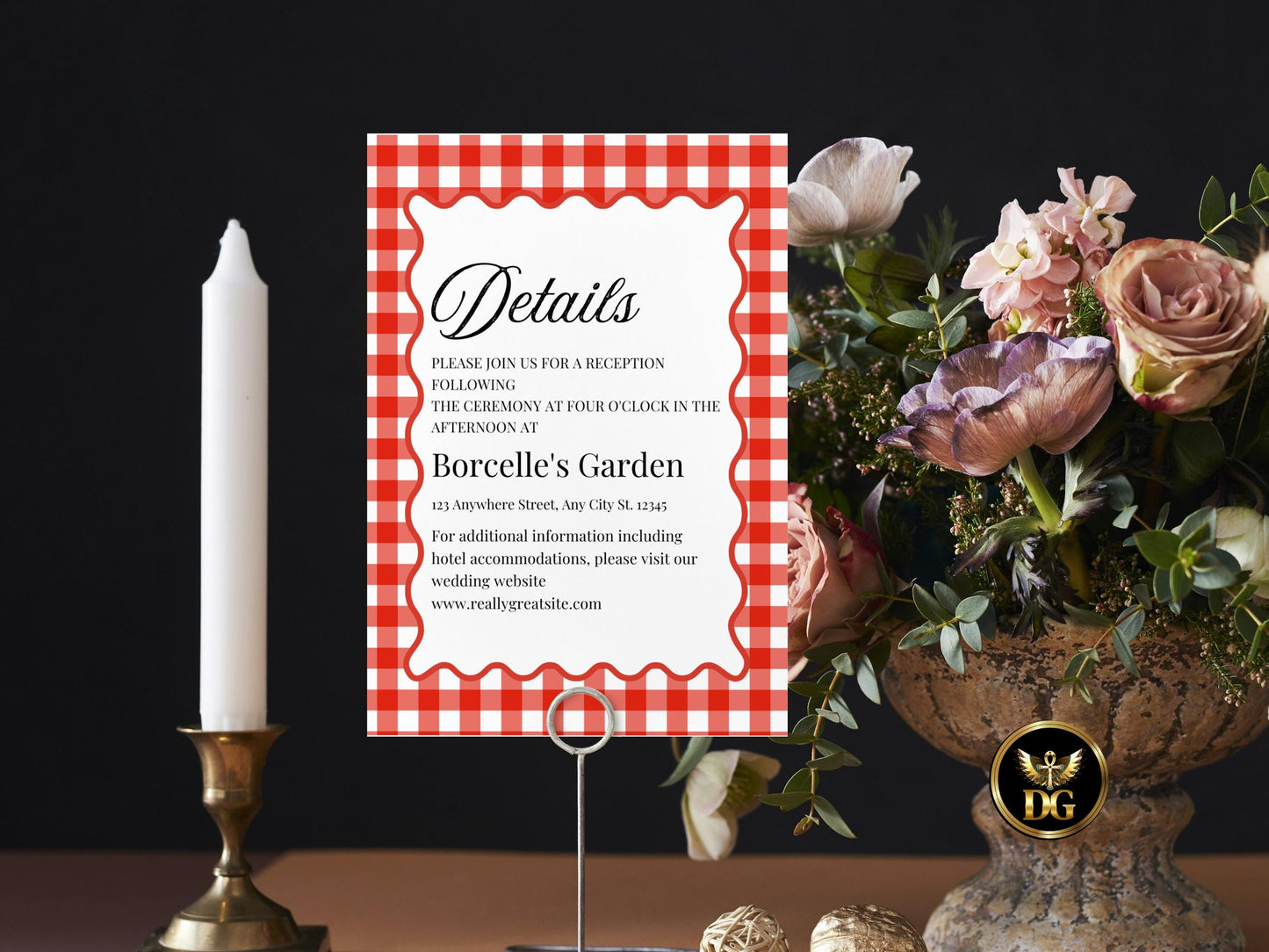 Rustic Red Checkered Wedding Suite, Wavy Frame, RSVP, Details Card