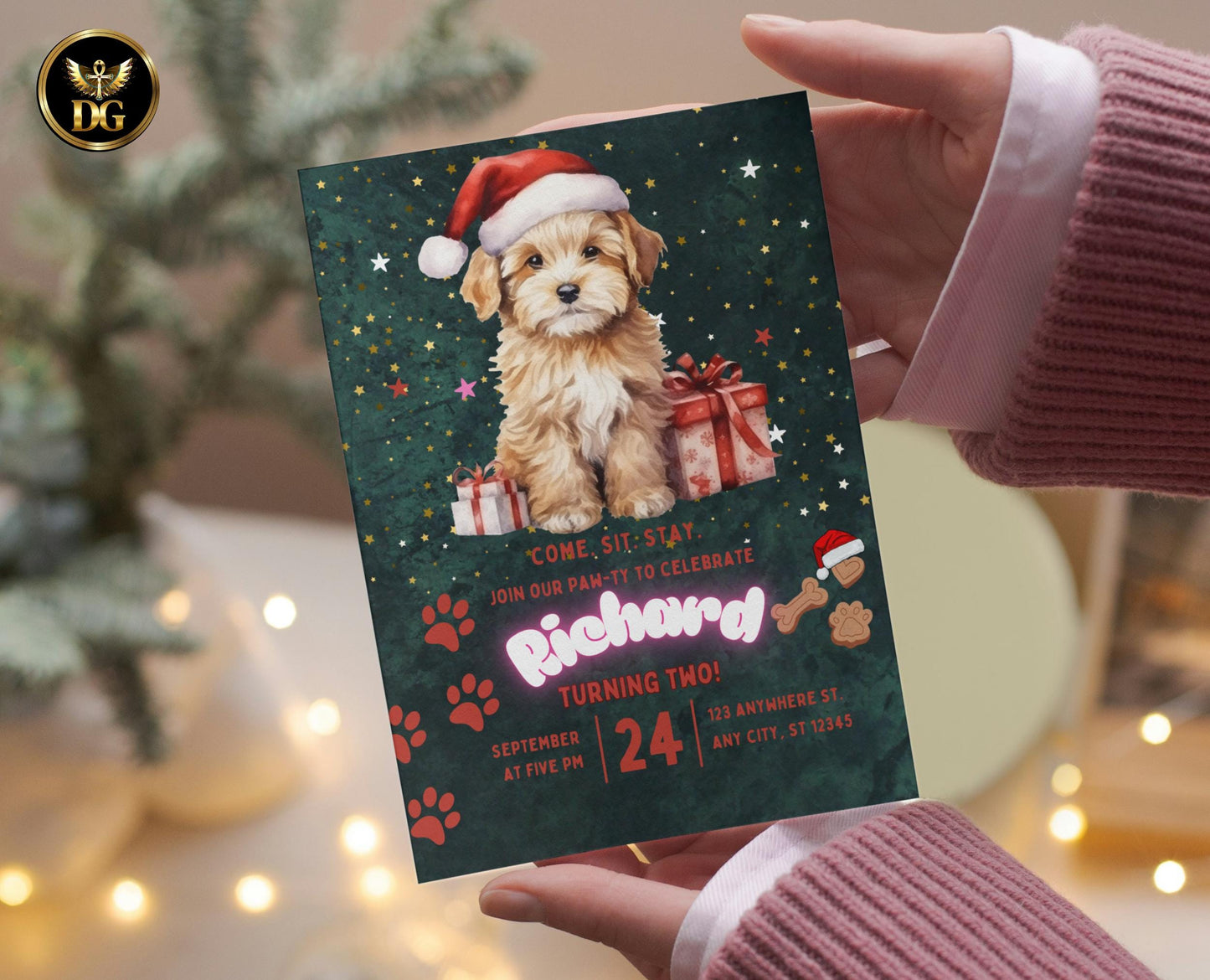 Puppy Birthday Invitation | Christmas Dog Birthday Party Invite | Editable Canva Template | Pet Theme Kids Birthday Card | Instant Download