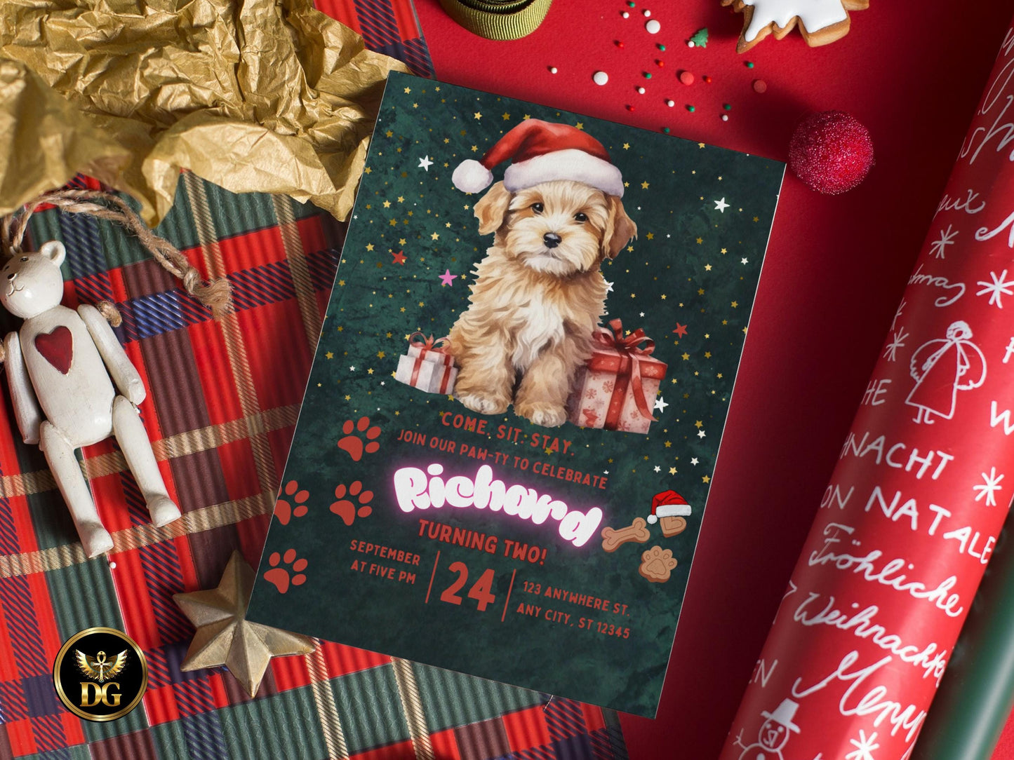 Puppy Birthday Invitation | Christmas Dog Birthday Party Invite | Editable Canva Template | Pet Theme Kids Birthday Card | Instant Download