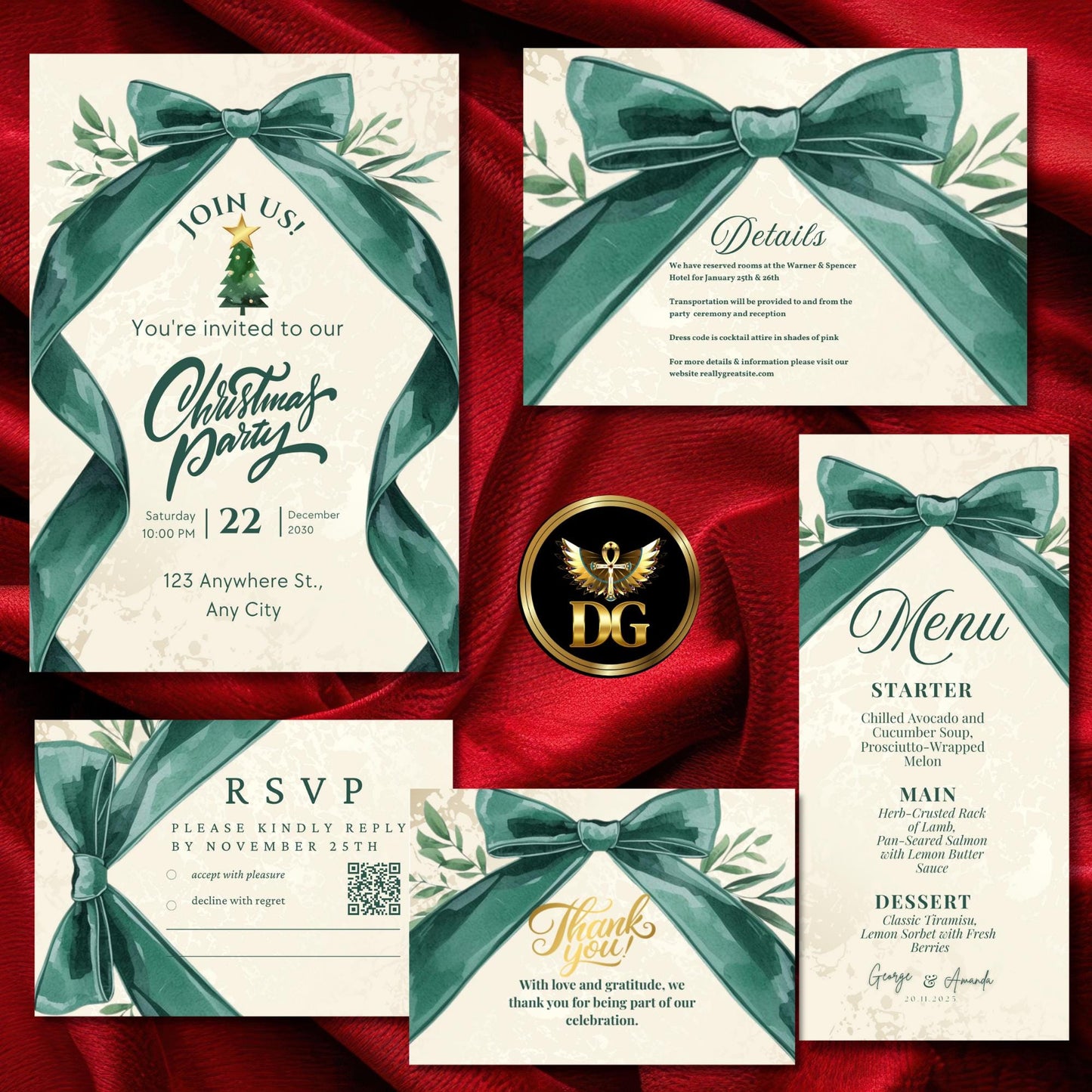 Elegant Cream Gold Christmas Invitation Set | Green Bow Holiday Canva Template | Matching Details, RSVP, Menu & Thank You Cards