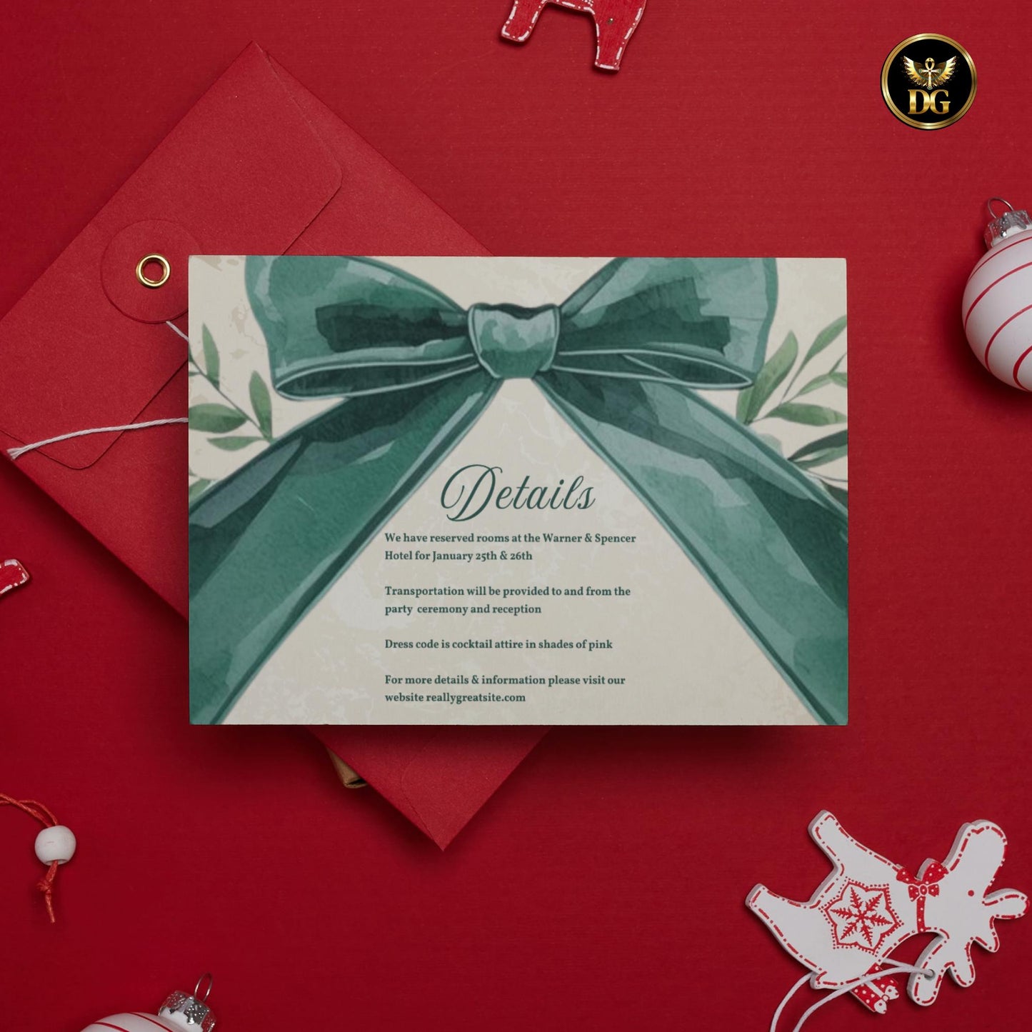 Elegant Cream Gold Christmas Invitation Set | Green Bow Holiday Canva Template | Matching Details, RSVP, Menu & Thank You Cards