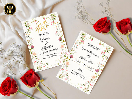 Luxury Boho Wedding Invitation Bundle | 6 Editable Cards | Save the Date, Menu, Details, RSVP & Thank You | Soft Beige Delicate Floral