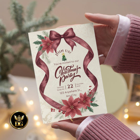 Luxury Cream Gold Christmas Party Invitation Set Canva Template | Elegant Holiday Invitation Suite with Menu, RSVP, Details, Thank You Cards