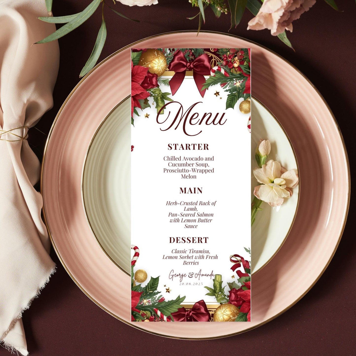 Elegant White Red Christmas Wedding Invitation Set | Luxury Canva Template with Gold Details, Menu, RSVP, Details & Thank You Cards