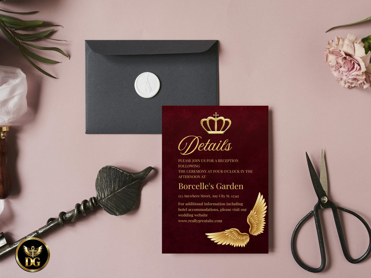 Royal Burgundy Velvet Wedding Invitation | Gold Crown & Wings | Elegant Maroon Wedding Invite Set with Details, RSVP | Editable Template