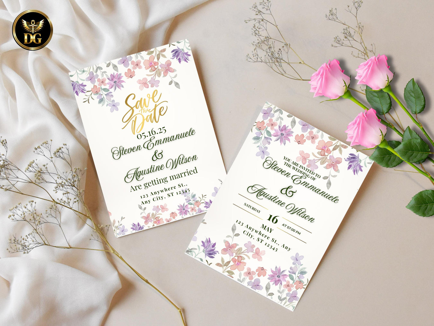 Editable Floral Wedding Invitation Suite | Boho Purple & Pink Flowers | Save the Date, RSVP, Details, Menu Thank You Cards Instant Download