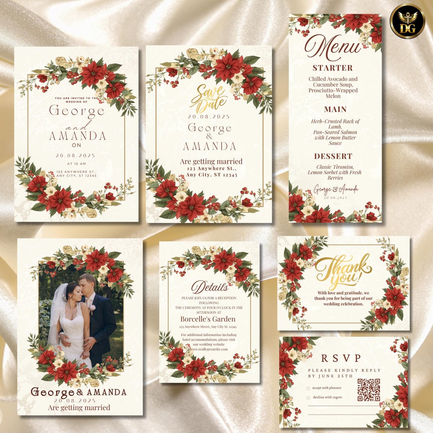 Luxurious 7-Card Wedding Invitation Bundle with Editable Bride Groom Card RSVP Thank You Details Menu and Christmas Floral Gold Frame Design