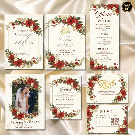 Luxurious 7-Card Wedding Invitation Bundle with Editable Bride Groom Card RSVP Thank You Details Menu and Christmas Floral Gold Frame Design