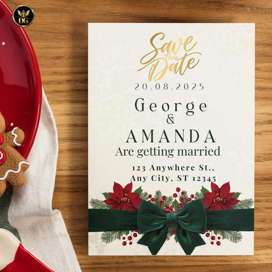 Luxurious Emerald Velvet Bow & Poinsettia Christmas Wedding Invitation Bundle – 7 Editable Cards + Matching Bridal Shower Suite